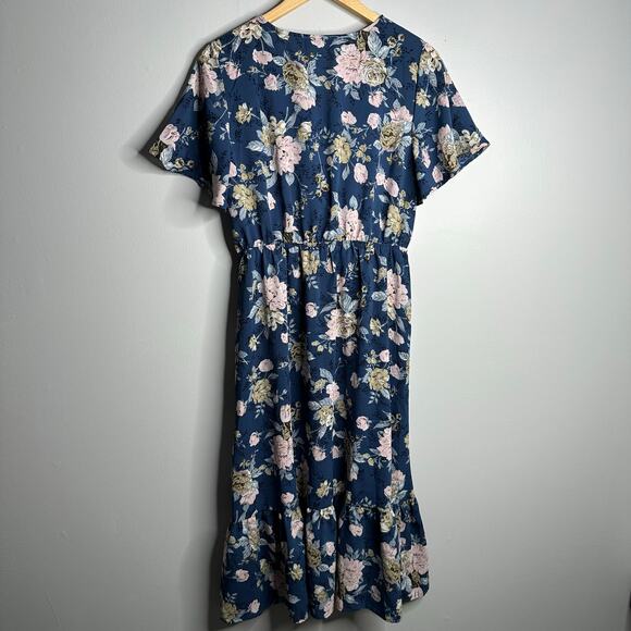 Hayden Los Angeles Blue Floral Flutter Sleeve Tie Front V Neck Maxi Dress Size L - Picture 8 of 8